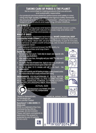 Biore Charcoal Blackhead Remover Pore Strips, Deep Cleansing Nose Strips for Removal and Unclogging, 3X Less Oil, 6 Count