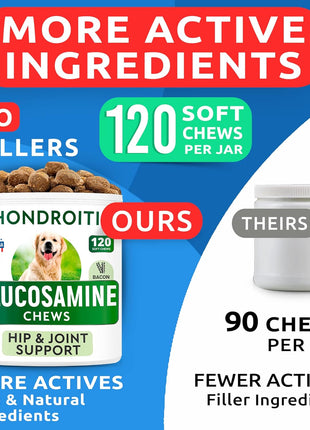 Glucosamine Bacon Flavor + Dog Probiotics Bundle - Joint Pain Relief + Gas, Diarrhea Relief - Chondroitin, MSM, Omega-3 + Digestive Enzymes, Prebiotics - Chewable Fiber - 300 Soft Chews - Made in USA