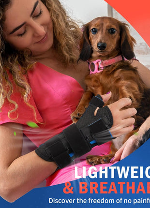 FEATOL Carpal Tunnel Wrist Brace Night Support, Thumb Spica Splint Right Hand for De Quervains Tenosynovitis, Tendonitis, Thumb Brace for Women Men, Black Blue, Small/Medium