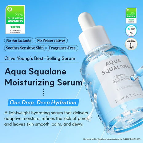 S.NATURE AQUA SQUALANE SERUM | Deeply hydrated Facial Serum for All Skin Type, Soothing, Pore Tightening and Sebum control Benefits, Korean Skin Care (1.69 Fl.Oz)