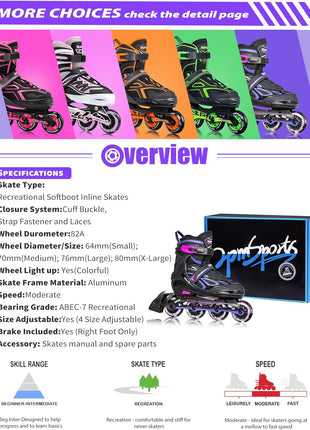 2PM Sports Vinal Girls Adjustable Flashing Inline Skates, All Wheels Light Up, Fun Illuminating Skates for Kids Men Adult Women and Boys