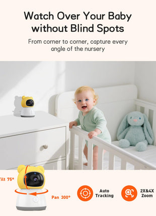 2K Smart WiFi Baby Monitor with Camera and Audio, 5inch Display, Smartphone App, Auto Tracking, Cry & Motion Detection, Temp & Humidity Sensor, HD Night Vision