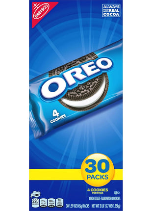 OREO Chocolate Sandwich Cookies, 30 Snack Packs (4 Cookies Per Pack) | Always made with Real Cocoa, Certified Kosher, Individually Wrapped