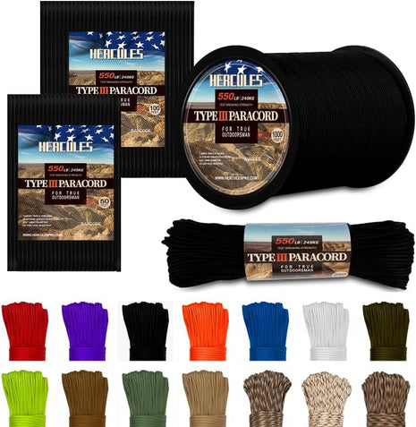 HERCULES Type III Paracord 550 Paracord Rope Parachute Cord, 50' Black for Survival Rope, Survival Cord