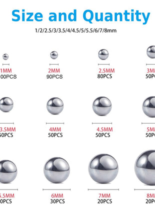 Breezliy 304 Stainless Steel Ball 620Pcs 1-8mm Metric Precision Assorted Loose Bicycle Bearing Steel Ball Assortment Kit(12 Sizes)