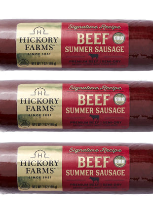 Hickory Farms Signature Beef Summer Sausage - 3 Pack | 100% Beef - Great for Charcuterie Boards | Award-Winning for Superior Taste | Gluten Free, High Protein Snack