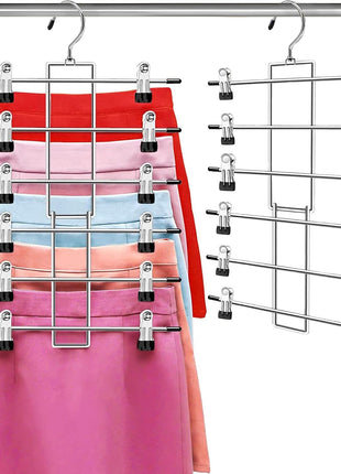 Pants Hangers with Clips,Space Saving Hanging Closet Organizer-6 Tiers Skirt Hangers with 360° Swivel Hook,Closet Organizer-Clothes Hangers- College Dorm Essentials Apartment Essentials-2 Pack
