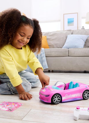 Hot Wheels Barbie RC Toy Car, Remote-Control Pink Convertible, Can Hold 2 Barbie Fashion Dolls & Trunk Opens for Storage, Sticker Sheet for Customizing