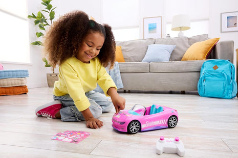 Hot Wheels Barbie RC Toy Car, Remote-Control Pink Convertible, Can Hold 2 Barbie Fashion Dolls & Trunk Opens for Storage, Sticker Sheet for Customizing