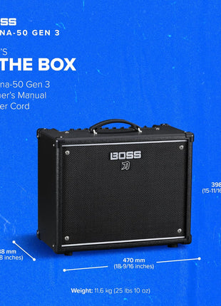 BOSS Katana 50 Gen 3 Guitar Amplifier | Compact 50 Watt Combo Amp | Custom 12 Inch Speaker | Evolved Tube Logic Sound | 12 Amp Characters | Onboard BOSS Effects | Advanced Connectivity & More