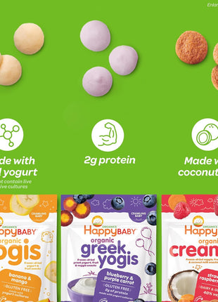 Happy Baby Organics Baby Snacks, Greek Yogis, Freeze Dried Yogurt & Fruit Snacks, Gluten Free Snack for Babies 9+ Months, Strawberry & Banana, 1 Ounce