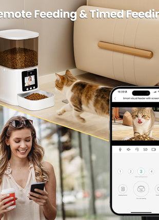 Automatic Cat Feeder with Camera, 2-Way Video& Audio, HD Video with Night Vision, 5G WiFi Pet Feeder, 5L Large Food Storage Container for Multiple Pet, Detachable for Easy Clean (White)