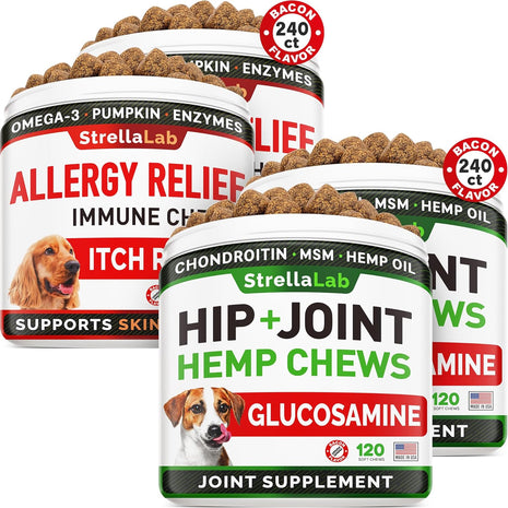 Allergy Relief + Large Breed Hemp + Glucosamine for Dogs Bundle - Itchy Skin + Hip & Joint Pain Relief - Omega 3 & Pumpkin + Chondroitin, MSM - Allergy Supplement, Hotspot Relief - 480ct - Made in USA