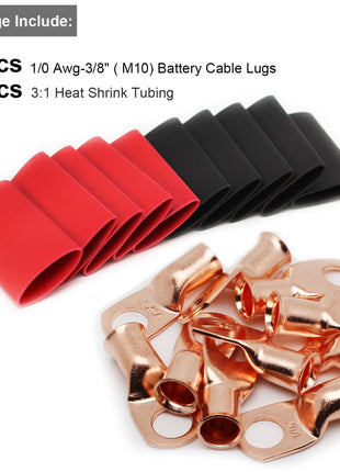 TKDMR 10 PCS 1/0 AWG - 3/8" Battery Cable Lugs Copper Wire Ring Terminals | UL,4:1 Heat Shrink Cable Ends,Wiring Connector Terminal End,Electrical Crimp Connectors