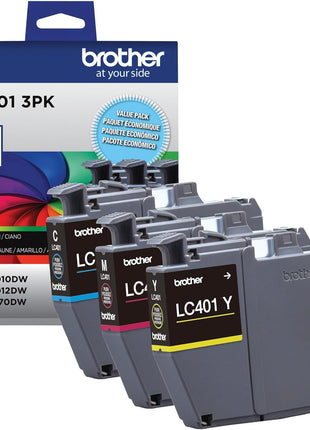 Brother Genuine LC401 Standard Yield 3-Pack Ink Cartridges – Includes 1 Cartridge Each of Cyan, Magenta and Yellow , 3 Count (Pack of 1)