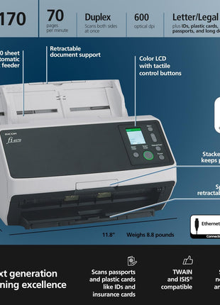 Fujitsu RICOH fi-8170 Premium Bundle Professional High Speed Document Scanner with 5 Years of Service - Black & White