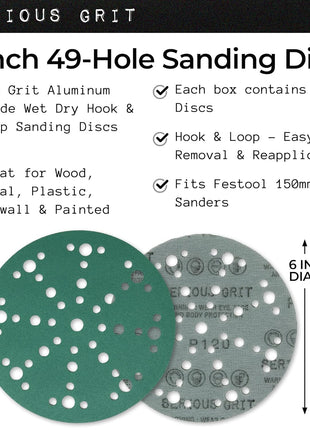 6-Inch 49-Hole P120 Grit Sanding Discs - 50 Pack Box | Fits Festool ETS / RO 150 Sanders - Heavy-Duty Hook & Loop Wet/Dry Film Sandpaper For Wood, Auto Body, Paint, Metal, & More