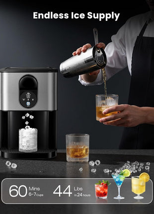 Nugget Ice Makers Countertop, Pellet Ice Maker Machine Dispenser with Water Reservoir, Self-Cleaning, 44lbs/24H Soft Chewable Ice Maker Machine for Home/Kitchen/Office, Black Stainless