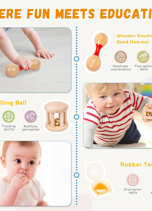 Adena Montessori Play Kit for 3-4 Months Baby,8 in 1 Wooden Learning Educational Toys for Toddler,Include Framed Mirror Book,High-Contrast Cards and More,Christmas Birthday Gift for Boys Girls