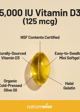 NatureWise Vitamin D3 5000iu (125 mcg) 1 Year Supply for Immune Support, Healthy Muscle Function, and Bone Health   Non GMO, Gluten Free in Organic Extra Virgin Olive Oil, (Mini Softgel), 360 Count