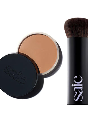 Saie Sun Melt Duo - The Big Brush - Soft, Multi-Use Liquid + Cream Makeup Brush With Synthetic Bristles Bundled With Sun Melt Bronzer in Light Bronze - Buildable Cream Contour, Velvet Finish (1 oz)