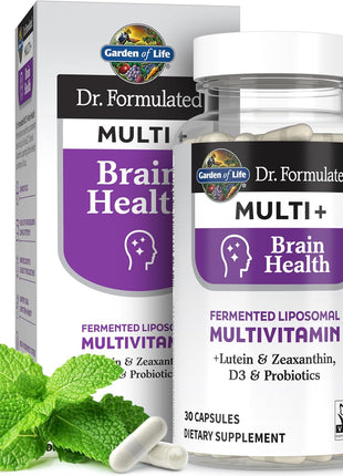Garden of Life Dr Formulated Multi+ Brain Health, Fermented Liposomal Multivitamin + Lutein & Zeaxanthin, Vitamin D3 & Probiotics - Memory & Focus Support, Digestive & Immune Health, 30 Capsules
