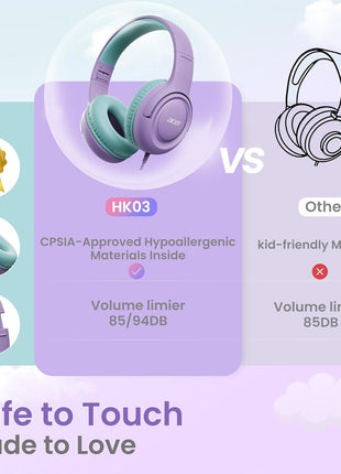 acer Kids Headphones - Over-Ear 85/94dB Volume Limiter, 3.5mm Jack Foldable Stereo Sound Headset for Toddlers Girls Boy Travel Learning Entertainment Tablet Kindle iPad PC Purple Green, HK03