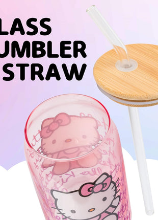 Silver Buffalo Sanrio Hello Kitty Waving Pink Glass Jar Tumbler with Bamboo Lid and Glass Straw, 16 Ounces