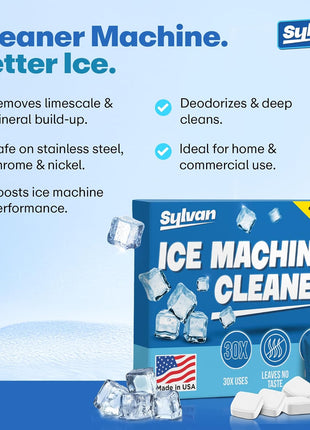 Sylvan Ice Machine Cleaner and Descaler Tablets | 30 Tabs | Made in USA | Nickel Safe Ice Maker Cleaning and Descaling Tablets | Universal Compatibility for Commercial & Residential Ice Makers