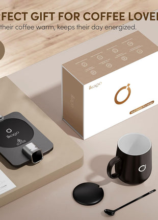 Coffee Mug Warmer & iKago Mug Set, Accurate Temperature Control Smart Heated Mug for Desk, Electric Coffee Warmer with Auto Shut Off & Real-Time Temp Display, Gifts for Men Women, 15oz Ceramic Mug