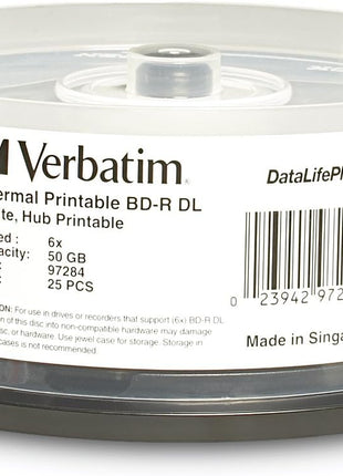 Verbatim Bd-R DL 50GB 6X Datalifeplus White Thermal Printable, Hub Printable - 25Pk Spindle