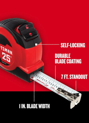 CRAFTSMAN 25-Ft Tape Measure with Fraction Markings, Retractable, Self-Locking Blade (CMHT37225)