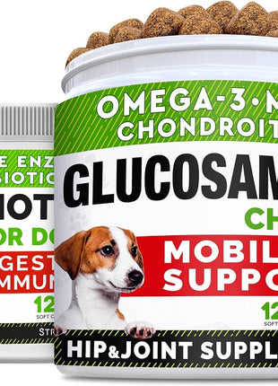 Glucosamine Treats for Dogs + Dog Probiotics Treats for Picky Eaters Bundle - Joint Supplement w/Omega-3 Fish Oil, Chondroitin, MSM and Digestive Support, Allergy, Gas and Constipation Relief