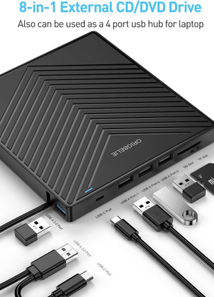 ORIGBELIE External CD DVD Drive, Ultra Slim CD Burner USB 3.0 with 4 USB Ports and 2 TF/SD Card Slots, Optical Disk Drive for Laptop Mac, PC Windows 11/10/8/7 Linux OS