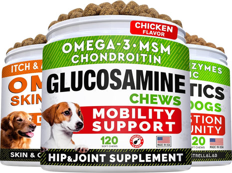 Fish Oil Omega 3 Treats + Glucosamine Treats + Dog Probiotics Treats for Picky Eaters Bundle - Skin & Coat Supplement + Hip & Joint Care + Digestion & Immunity Support