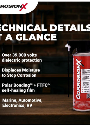 CorrosionX Rust Inhibitor, Industrial-Strength Dielectric Corrosion Prevention, Lubricant & Penetrant for Marine, Automotive, Electronics & RV Use, Protects Bolts, Cables, Engines, Parts, 6oz Aerosol