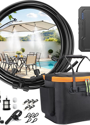 Ausic Portable Misting Systems, Outdoor Water Cooling Misters Set with 6000mAh Water Pump, 20L Bucket, 26FT (8M) Hose, 10*Clips/Ties for Sports/Patio/Umbrella/Pasture/Greenhouse/Canopy/Camping