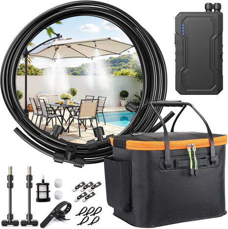 Ausic Portable Misting Systems, Outdoor Water Cooling Misters Set with 6000mAh Water Pump, 20L Bucket, 26FT (8M) Hose, 10*Clips/Ties for Sports/Patio/Umbrella/Pasture/Greenhouse/Canopy/Camping