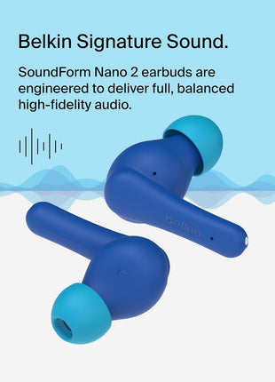 Belkin SoundForm Nano 2 Bluetooth Earbuds for Kids with Built-in Microphone, 28H Battery Life, Safe 85dB Volume, IPX5 Water Resistance - Kids Bluetooth Earbuds for iPhone, iPad, Galaxy, & More - Blue