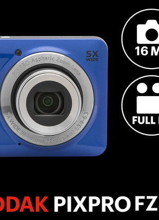 KODAK PIXPRO FZ55-BL 16MP Digital Camera 5X Optical Zoom 28mm Wide Angle 1080P Full HD Video Li-Ion Battery 2.7 inch LCD Vlogging Camera (Blue)