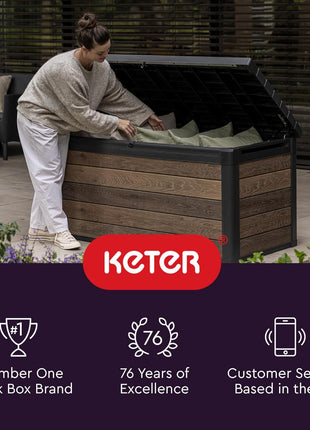 Keter City 30 Gallon Resin Outdoor Storage Box and Patio Furniture Side Table for Pool and Garden Accessories, Brown