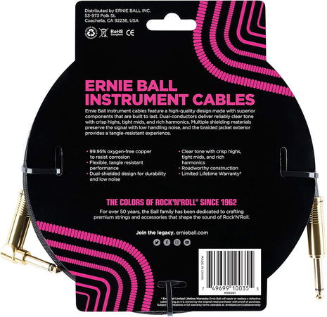 Ernie Ball Braided Instrument Cable, Straight/Angle, 10ft, Black (P06081)