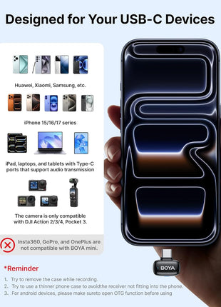 BOYA mini 2 Wireless Lavalier Microphones for iPhone 15/16/17 & Android, AI Noise Cancellation, App Control, 30H Battery Life with Charging Case, Lapel Microphone Wireless for Video Recording Vlogging