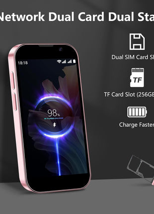 soyes Mini Phone World's Smallest 3.0" HD Touch Screen Mini Smartphone Unlocked Android Compact Mobile Phone for Kids & Students Cell Phone wih Quad-Core Dual SIM Face ID 2GB+16GB Pink