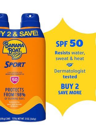 Banana Boat Sport Ultra SPF 50 Sunscreen Spray | Banana Boat Sunscreen Spray SPF 50, Water Resistant, Oxybenzone Free, Sunblock, 6oz each Twin Pack