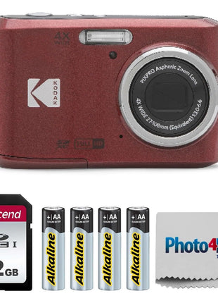 KODAK PIXPRO FZ45 16MP Digital Camera with 4X Optical Zoom 27mm Wide Angle and 2.7" LCD Screen Bundle with 32GB SD Memory Card, AA Batteries (4 Pack), Lens Cleaning Cloth (Red)