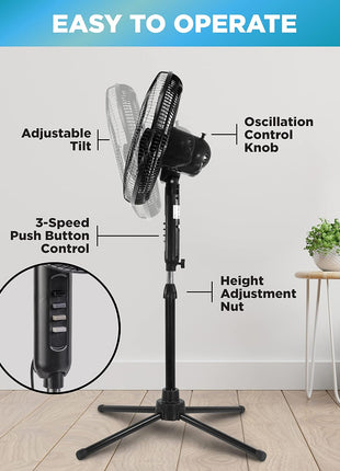 Comfort Zone Electric Oscillating Pedestal Fan, Stand Fan, 16 inch, 3 Speed, 90 Degree Oscillating Head, Adjustable Height and Tilt, Airflow 7.48 ft/sec, Ideal for Home, Bedroom & Office, CZST161BTEBK