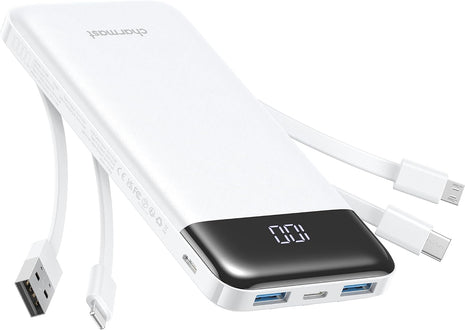 charmast Portable Charger with Reinforced Built-in 4 Cables,10000mAh Power Bank Travel Essentials 6 Outputs 3 Inputs 3A Fast Charging Compatible with iPhone iPad Samsung Google Pixel LG Moto etc.