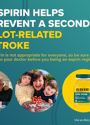 Bayer Aspirin Low Dose 81 mg, Enteric Coated Tablets, Doctor Recommended, Secondary Prevention of Cardiovascular Disease, 300 Safety Coated Tablets