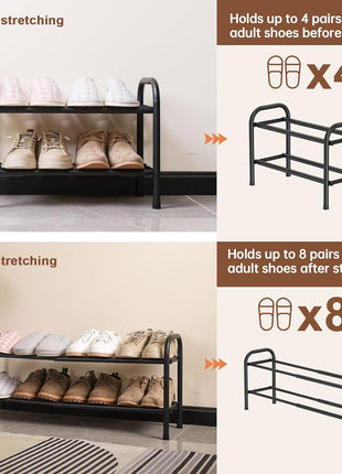 Gonfoam 2 Tier Expandable Shoe Rack,Adjustable Shoe Shelf Storage Organizer Heavy Duty Metal Free Standing Shoe Rack for Entryway Closet Doorway (Black)